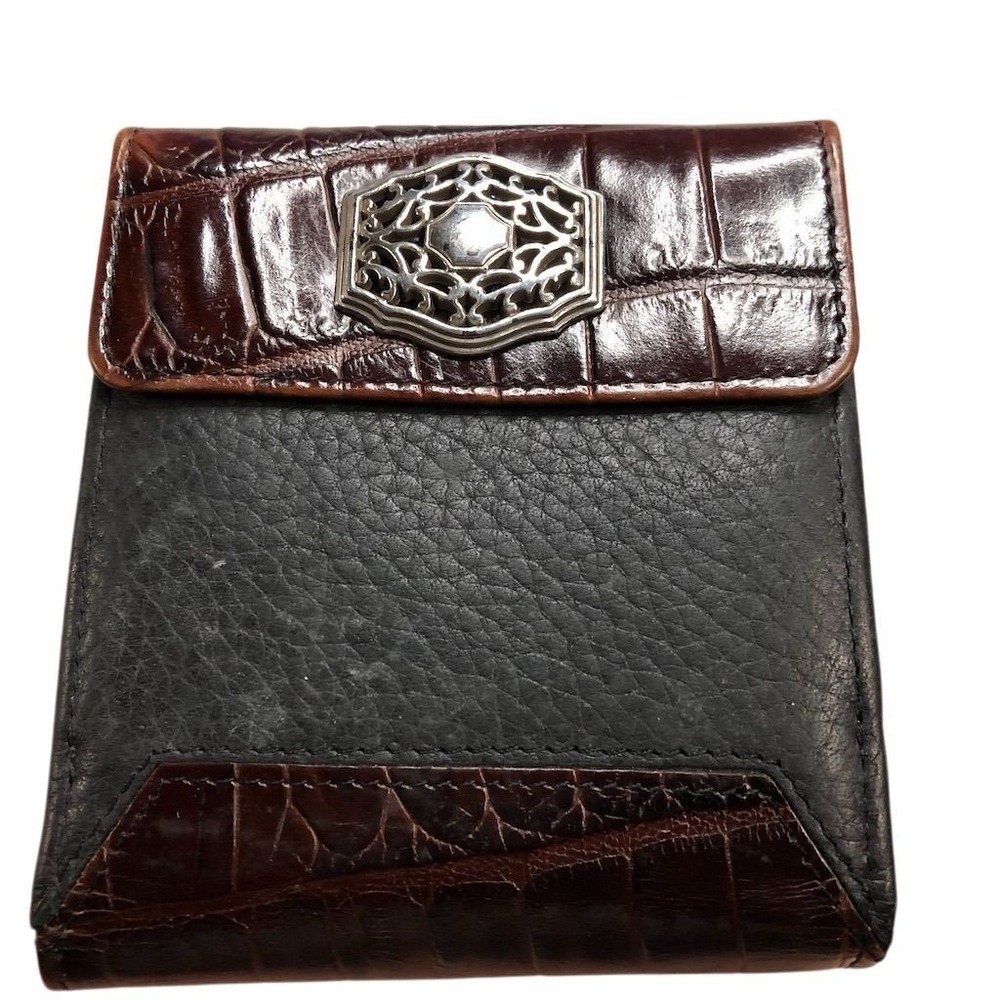 Brighton Vintage Black Crocodile Embossed Leather Bifold Wallet Unisex